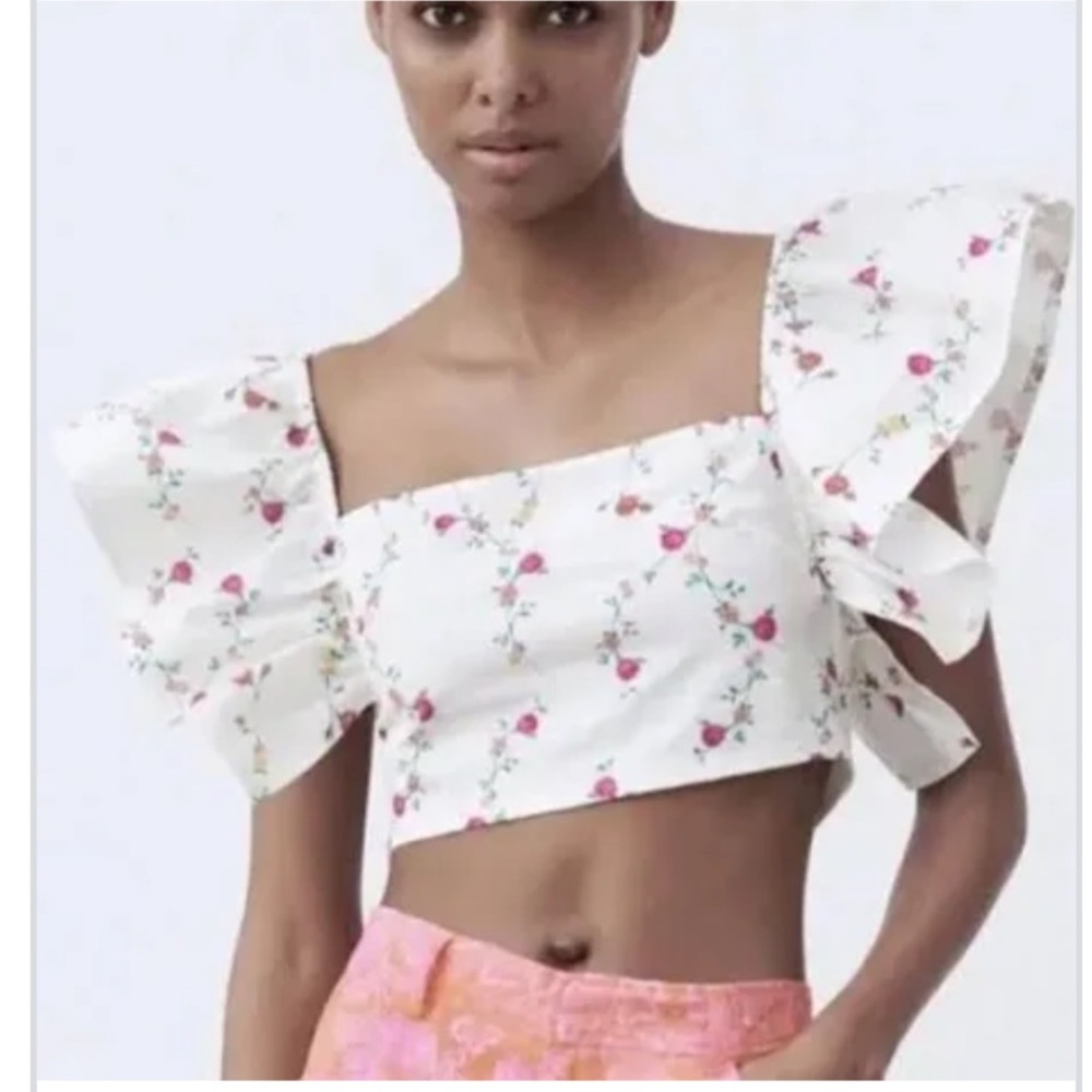 Zara White Floral Crop Top
